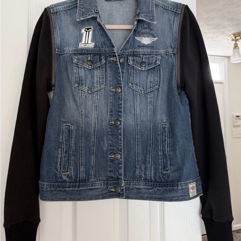 Harley-Davidson Blue Denim & Black Sleeve Hoodie Jacket, Size Small - Picture 6 of 8